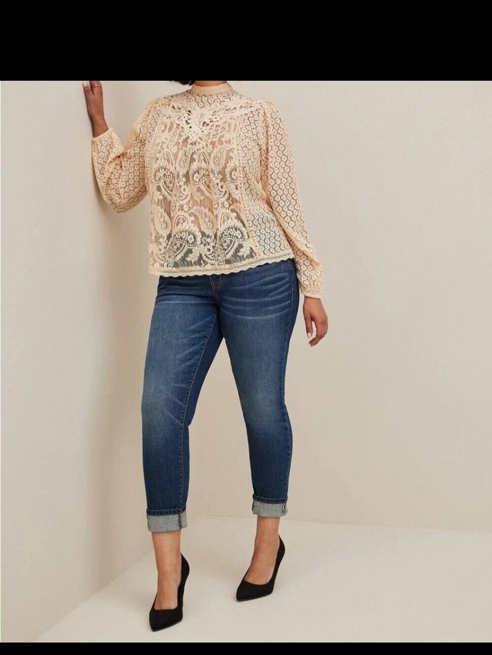 Nwot Torrid Mixed Lace High Neck Top Beige Plus 2x